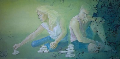 Gemälde in Mischtechnik eines Mannes und einer Frau am Boden sitzend und Steine n der Hand haltend,
       Illustration des Liedes Ich Steine Du Steine von von Peter Fox